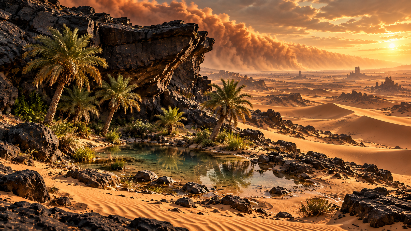 A small wild oasis in the desert, concept art